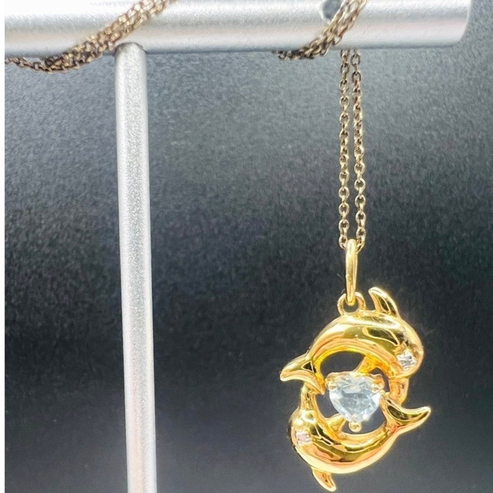 Vermeil Dolphins Necklace Blue Rhinestone Chain 19"‎